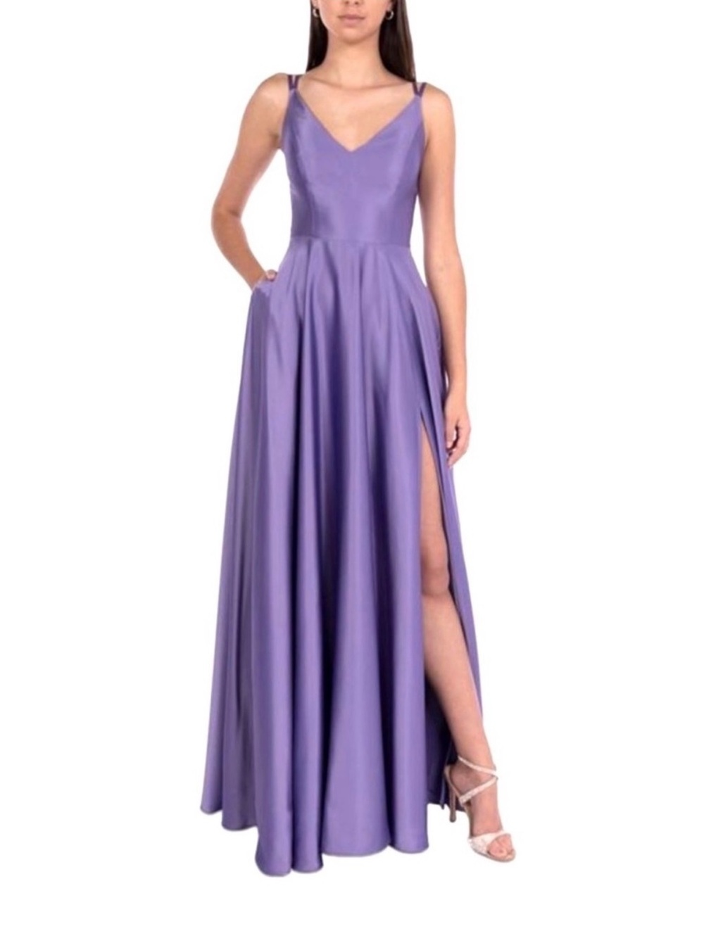 Lavender Satin V-Neck Evening Gown with Side Slit Open Back Juniors 5/6 - Picture 6 of 7